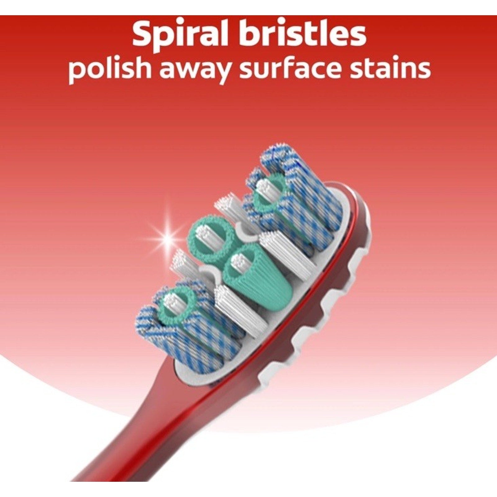 Close-up of Colgate 360 Optic White toothbrush head showing spiral bristles designed to polish away surface stains