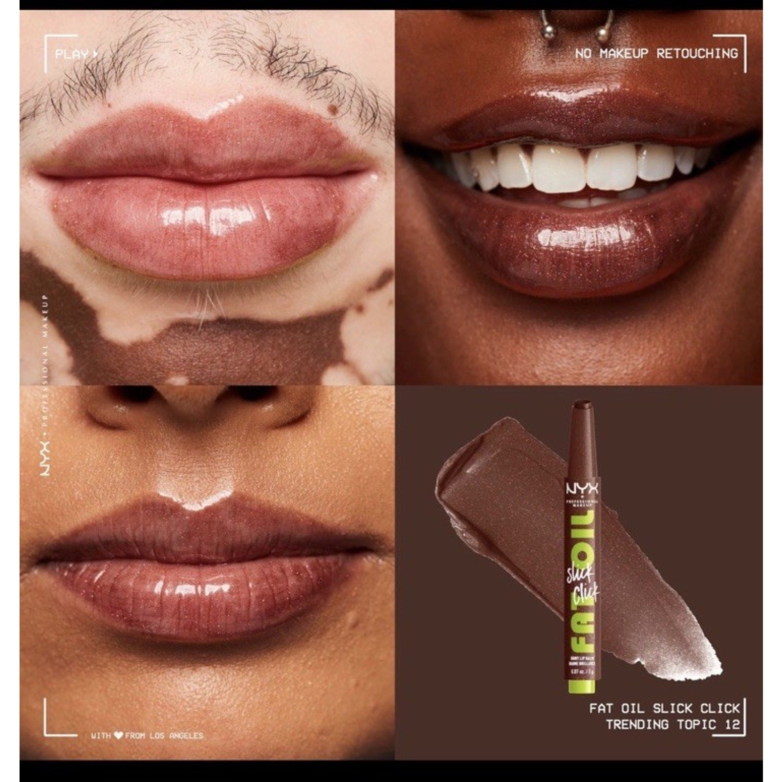NYX Fat Oil Slick Click Vegan Lip Balm in Main Character clear shade shown on diverse lips with glossy finish and product tube