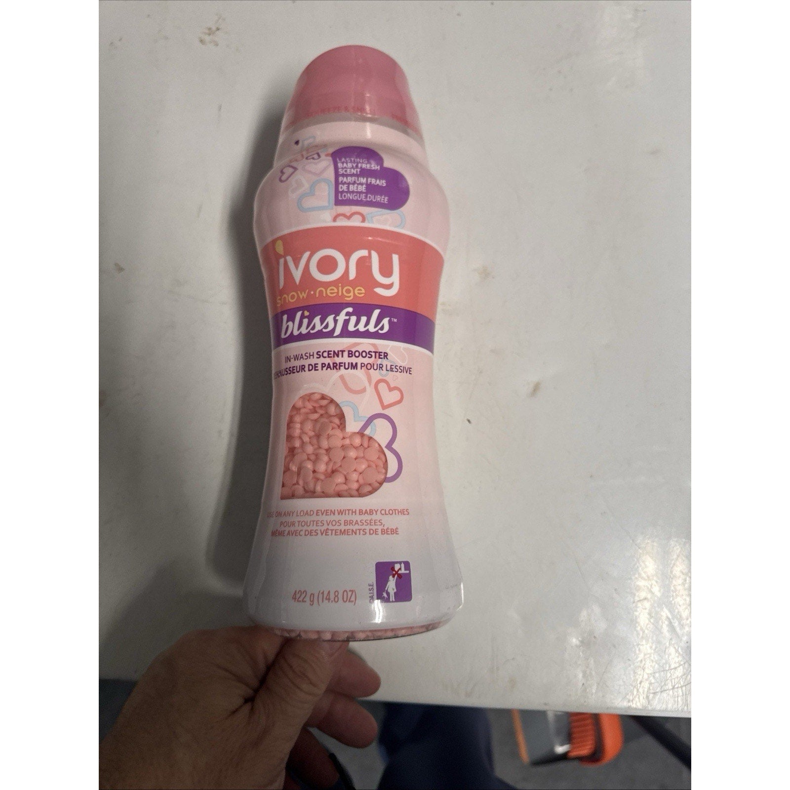 Ivory Snow Blissfuls Baby Fresh Scent 14.8 oz in-wash laundry scent booster beads bottle with pink cap and heart design