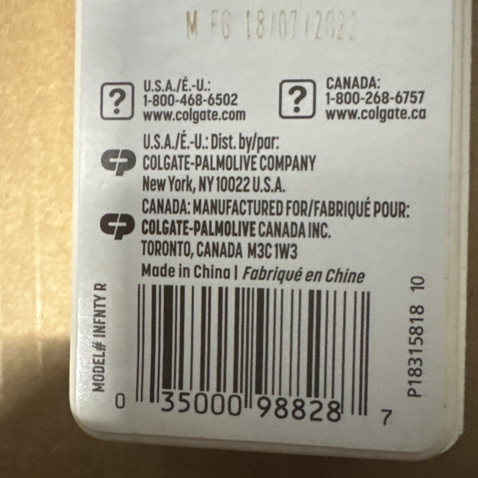 Colgate toothbrush refill pack barcode and manufacturing details with US and Canada contact information
