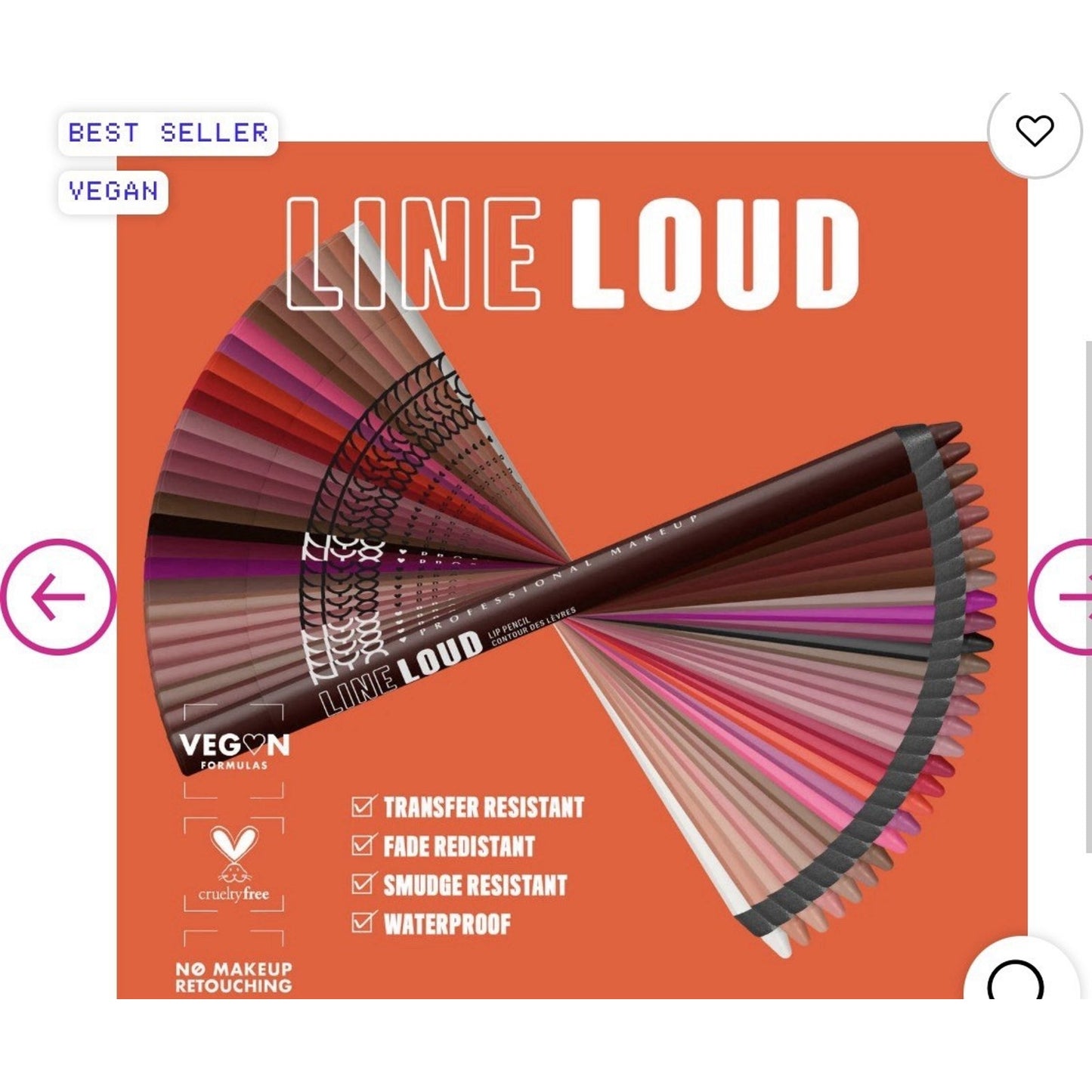 Set of dark brown eyeliner pencils fanned out to show a variety of color swatches on an orange background, highlighting features like transfer resistance, fade resistance, smudge resistance, and waterproof formula.