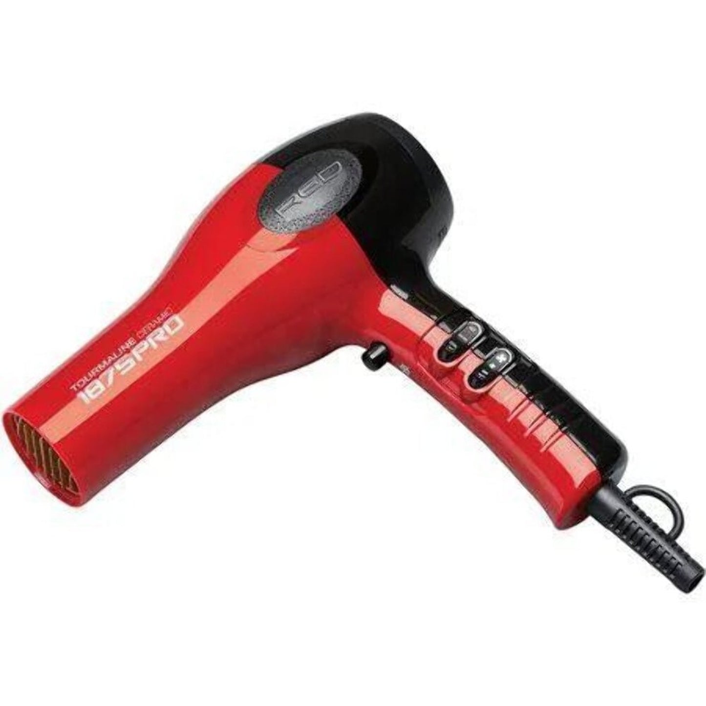 Red and black professional tourmaline ceramic hair dryer with ergonomic handle, three heat and speed settings, and black power cord.
