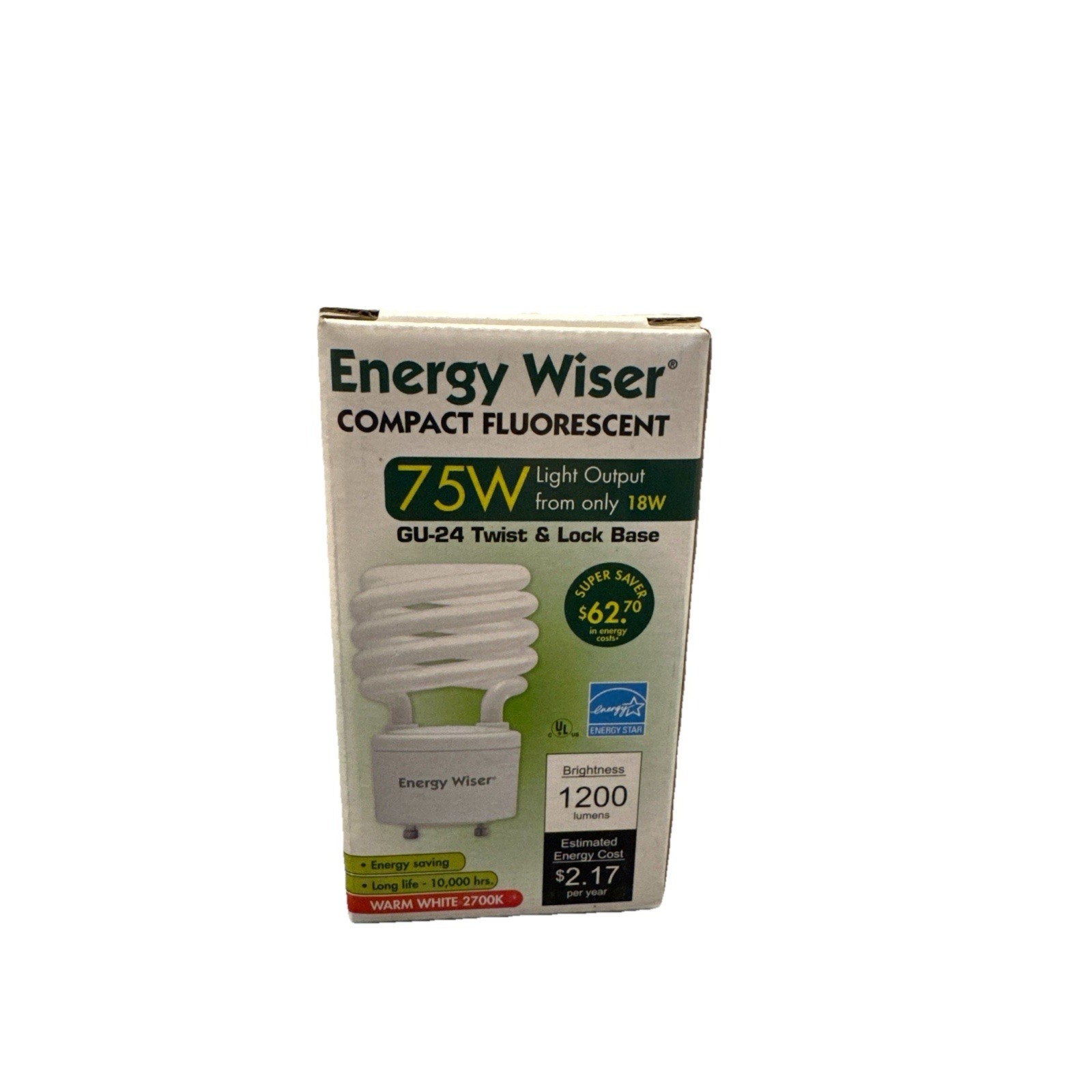 Energy Wiser 75W equivalent GU24 compact fluorescent bulb 18W warm white 2700K 1200 lumens in retail packaging