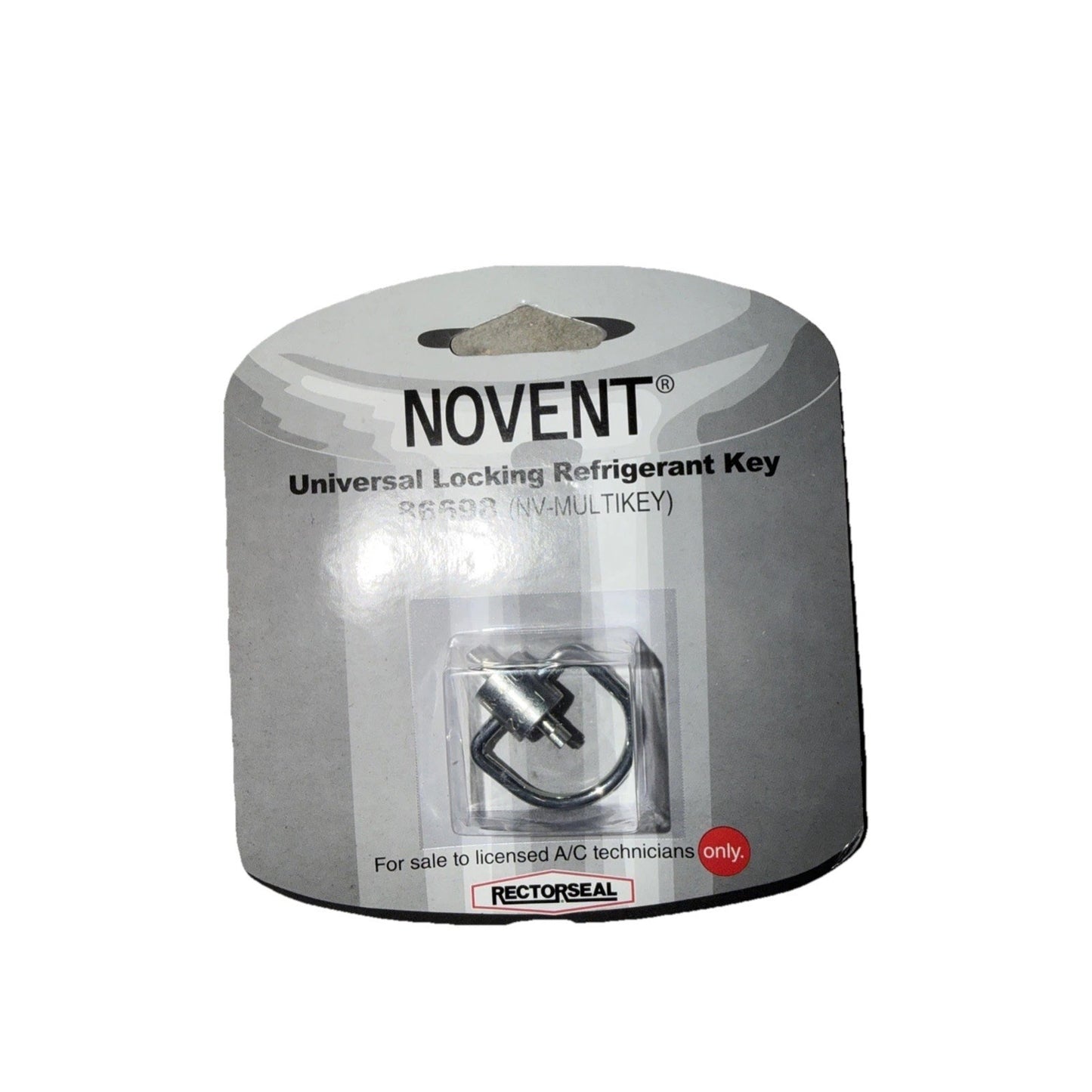 Small metallic locking refrigerant key packaged on a gray and white branded card labeled for licensed A/C technicians with product and usage information.
