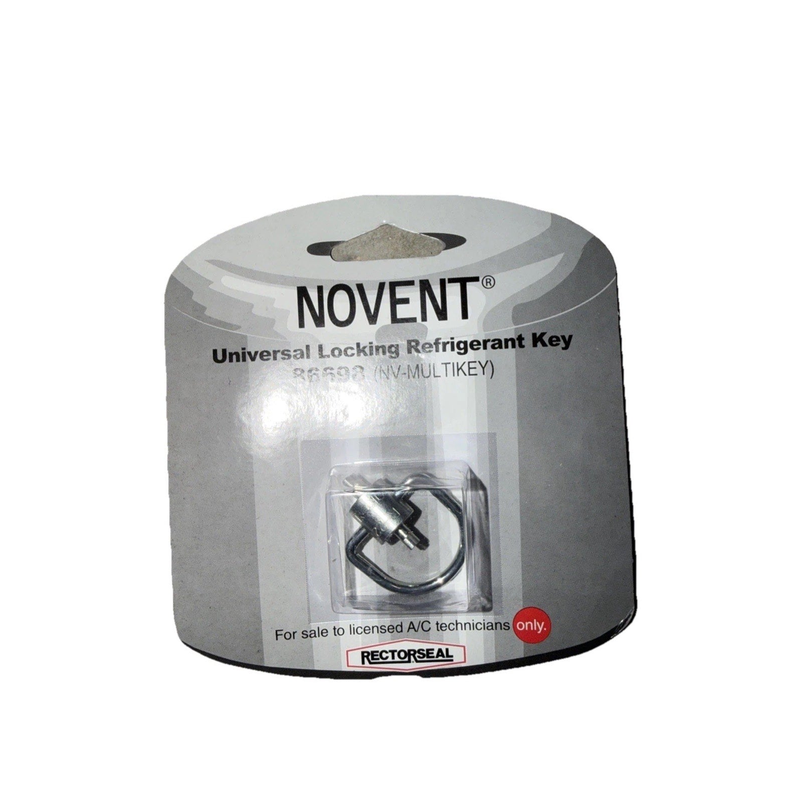 Small metallic locking refrigerant key packaged on a gray and white branded card labeled for licensed A/C technicians with product and usage information.