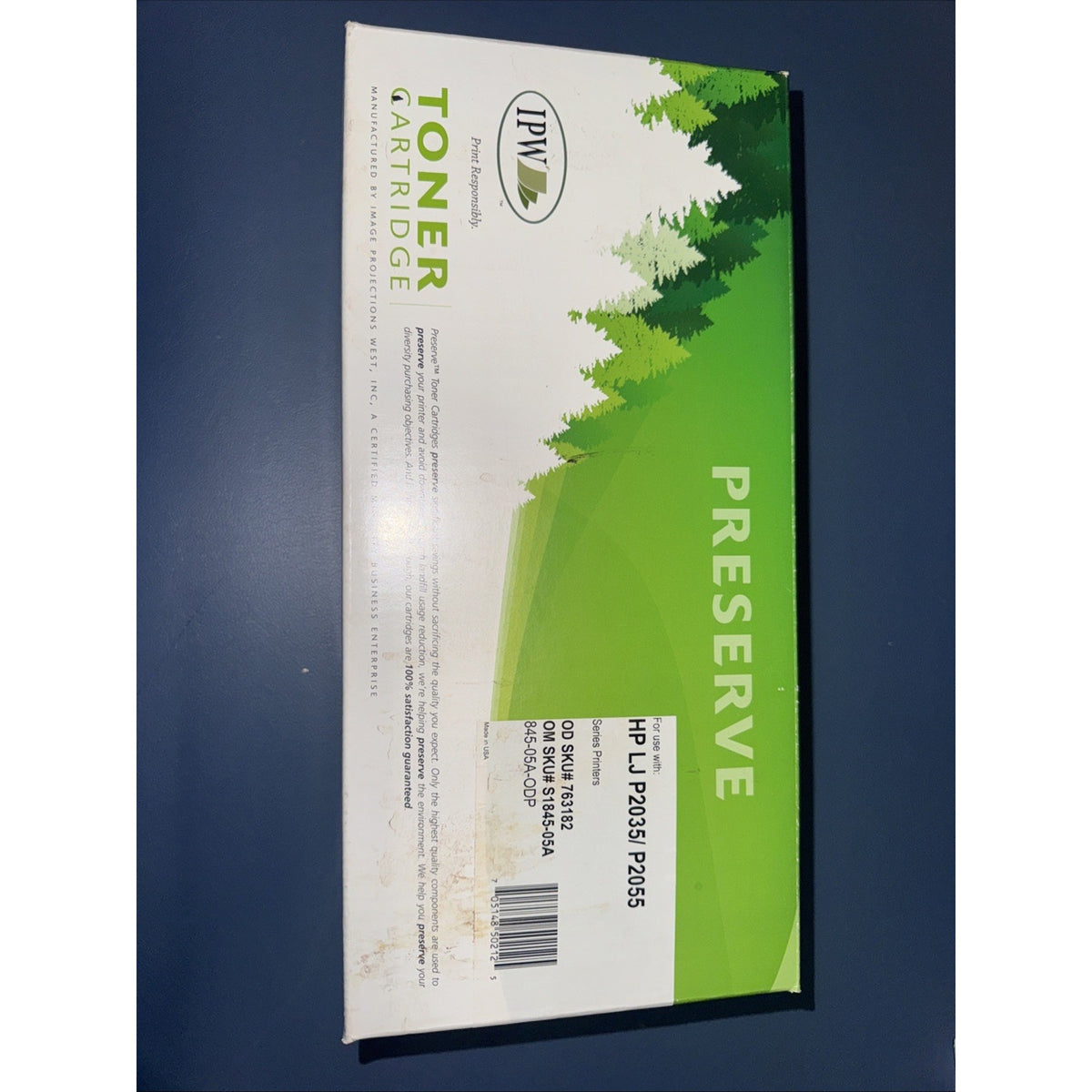 IPW Preserve 845-05A-ODP Replacement Black Toner Cartridge box with green and white forest design for HP printers