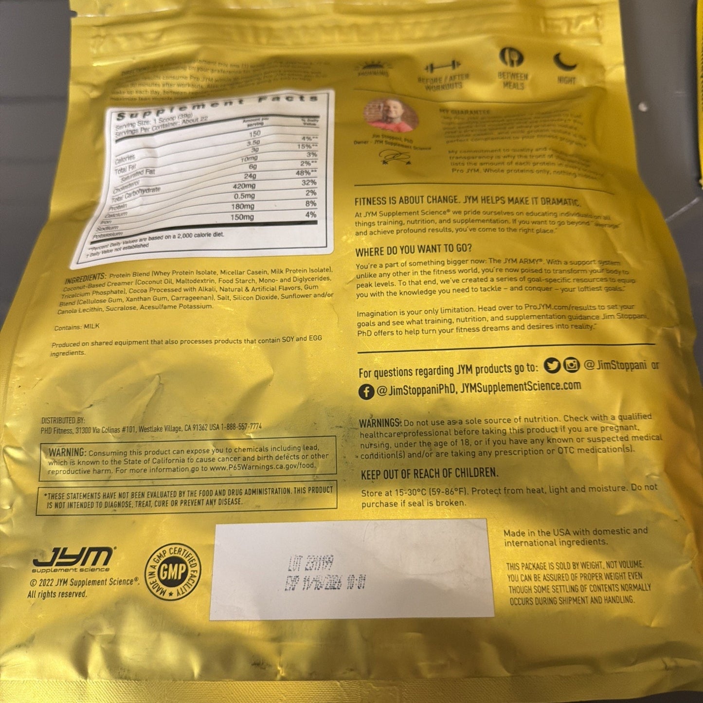 Back of yellow dietary supplement package showing supplement facts, ingredients list, usage instructions, warnings, and contact information for product support.