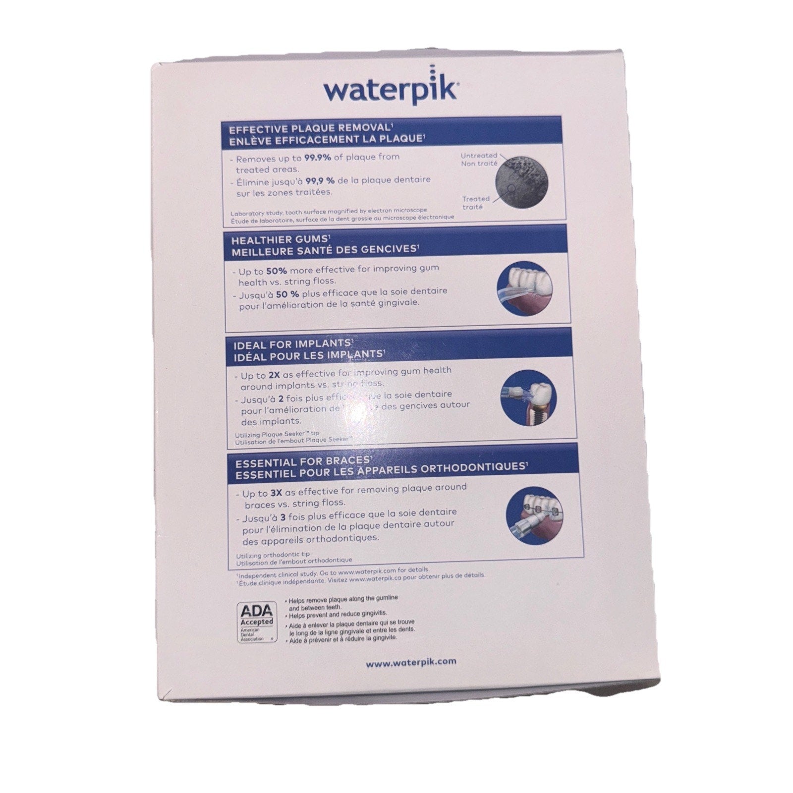 Back of Boxed WaterPik Water Flosser Platinum showing plaque removal, gum health, implants, and braces benefits information