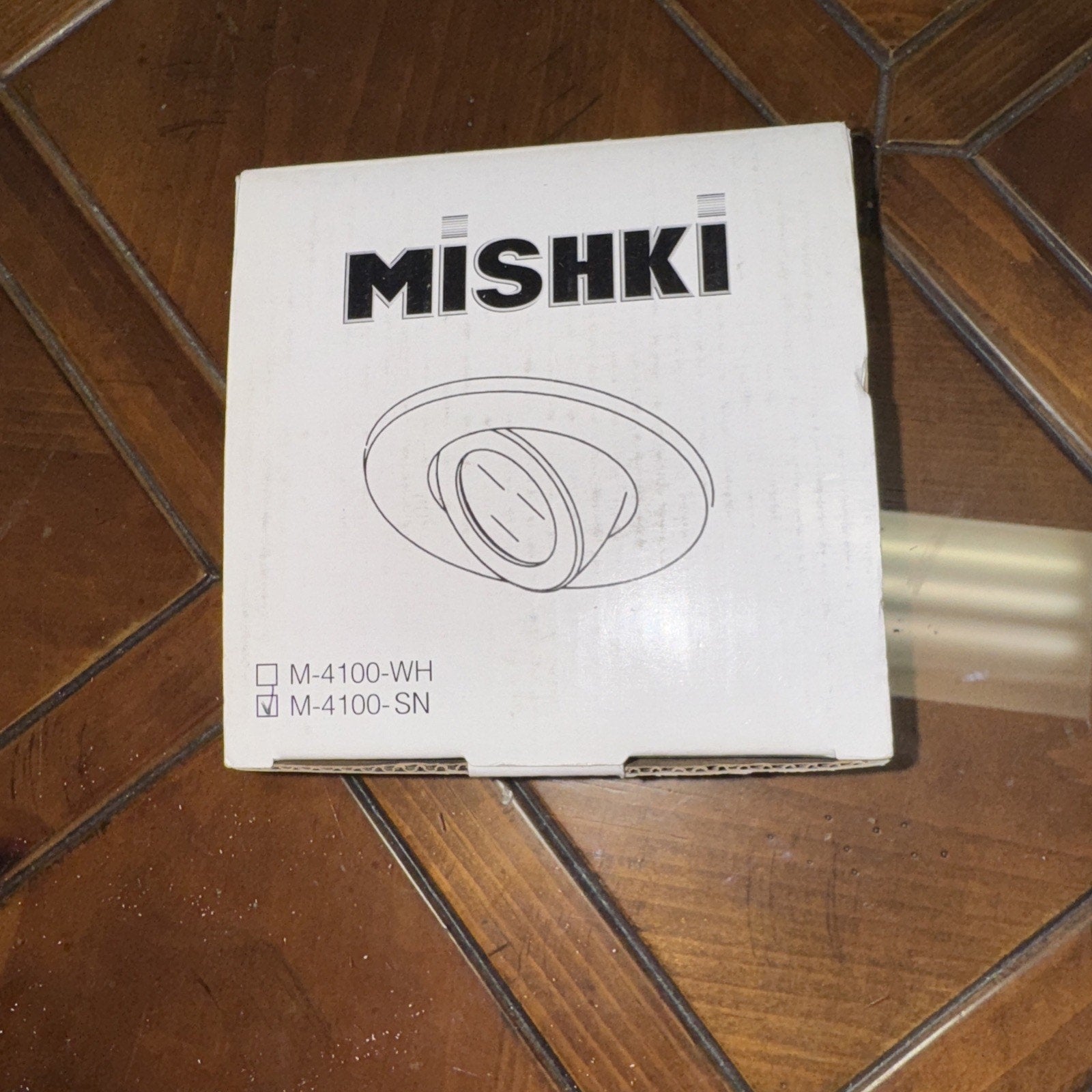 Mishki M-4100-SN recessed lighting trim box showing satin nickel adjustable gimbal spotlight line drawing on white packaging
