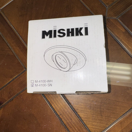 Mishki M-4100-SN recessed lighting trim box showing satin nickel adjustable gimbal spotlight line drawing on white packaging