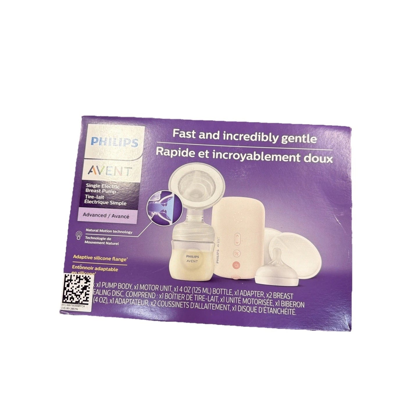 Purple and white product packaging for a Philips Avent single electric breast pump featuring an image of the pump and bottle, with text highlighting "fast and incredibly gentle" operation.