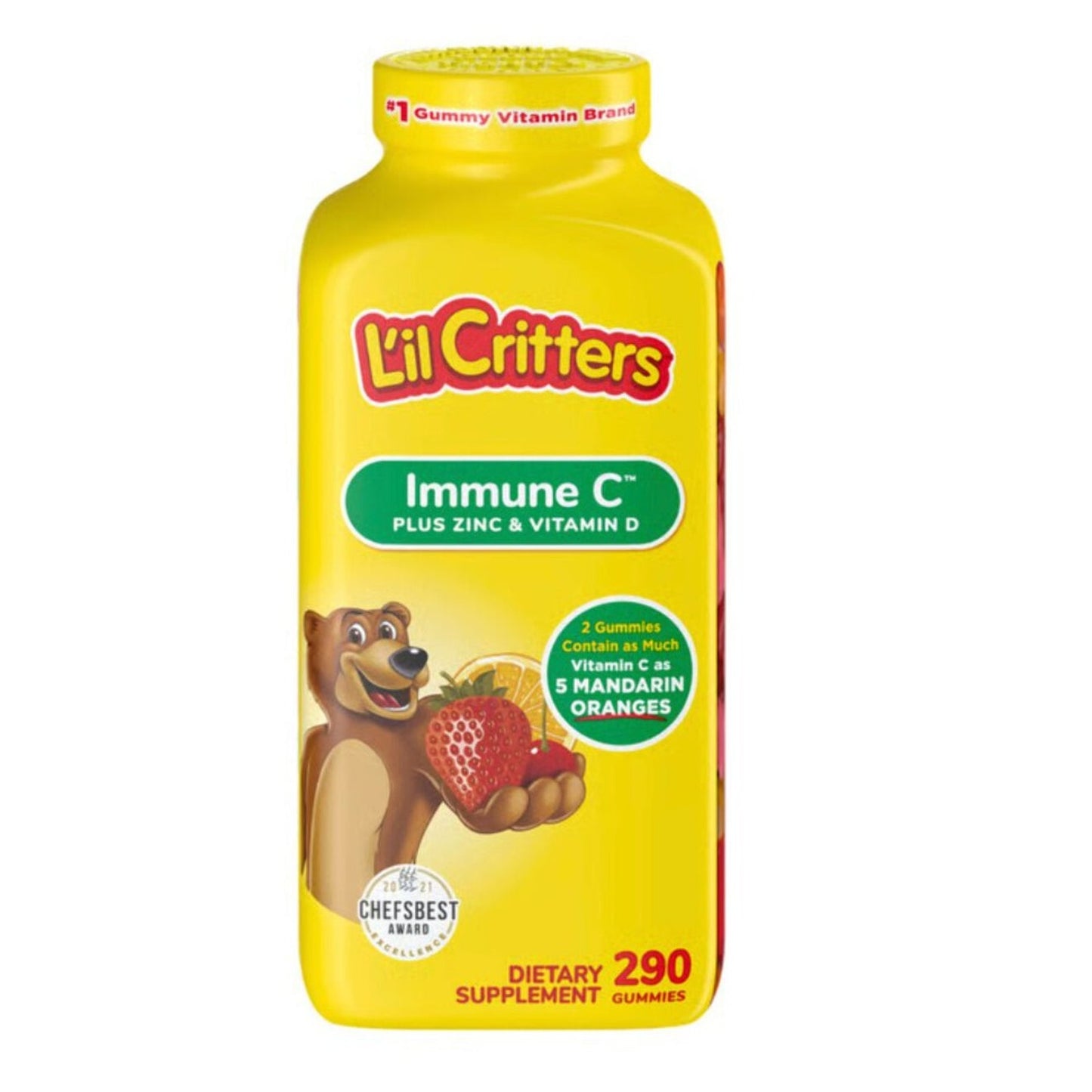 Bright yellow bottle of L'il Critters Immune C dietary supplement gummies, featuring a smiling bear holding fruit and highlighting vitamin C, zinc, and vitamin D content with 290 gummies inside.