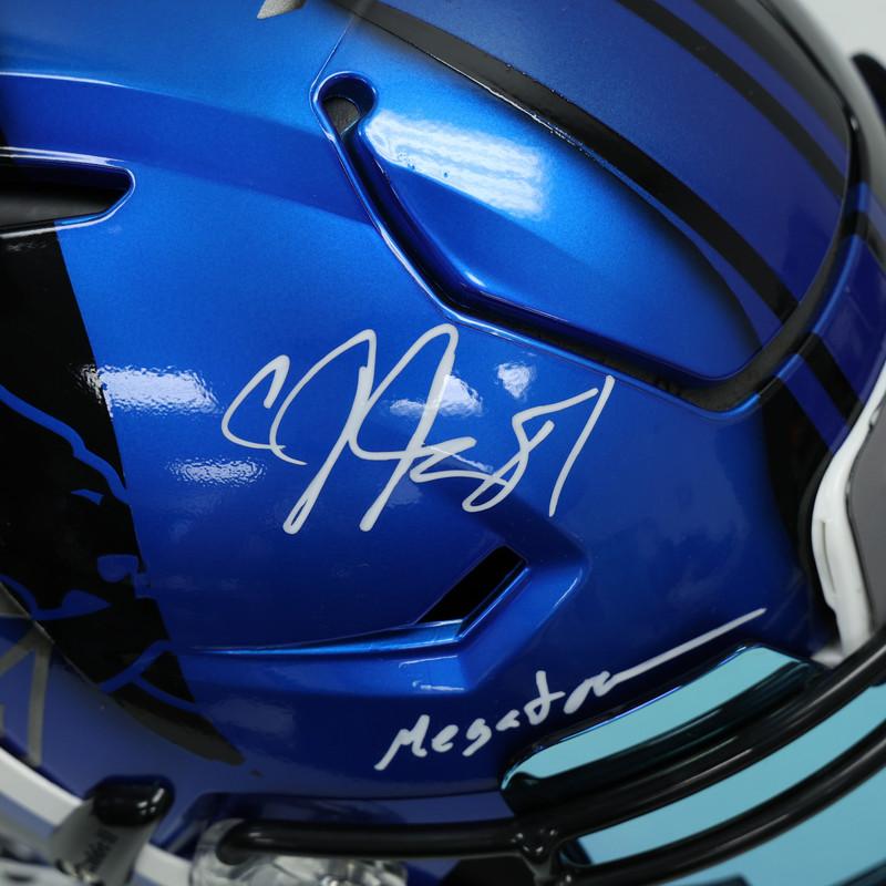 Calvin Johnson signed Detroit Lions Speedflex helmet with inscription "Megatron" and custom painted design