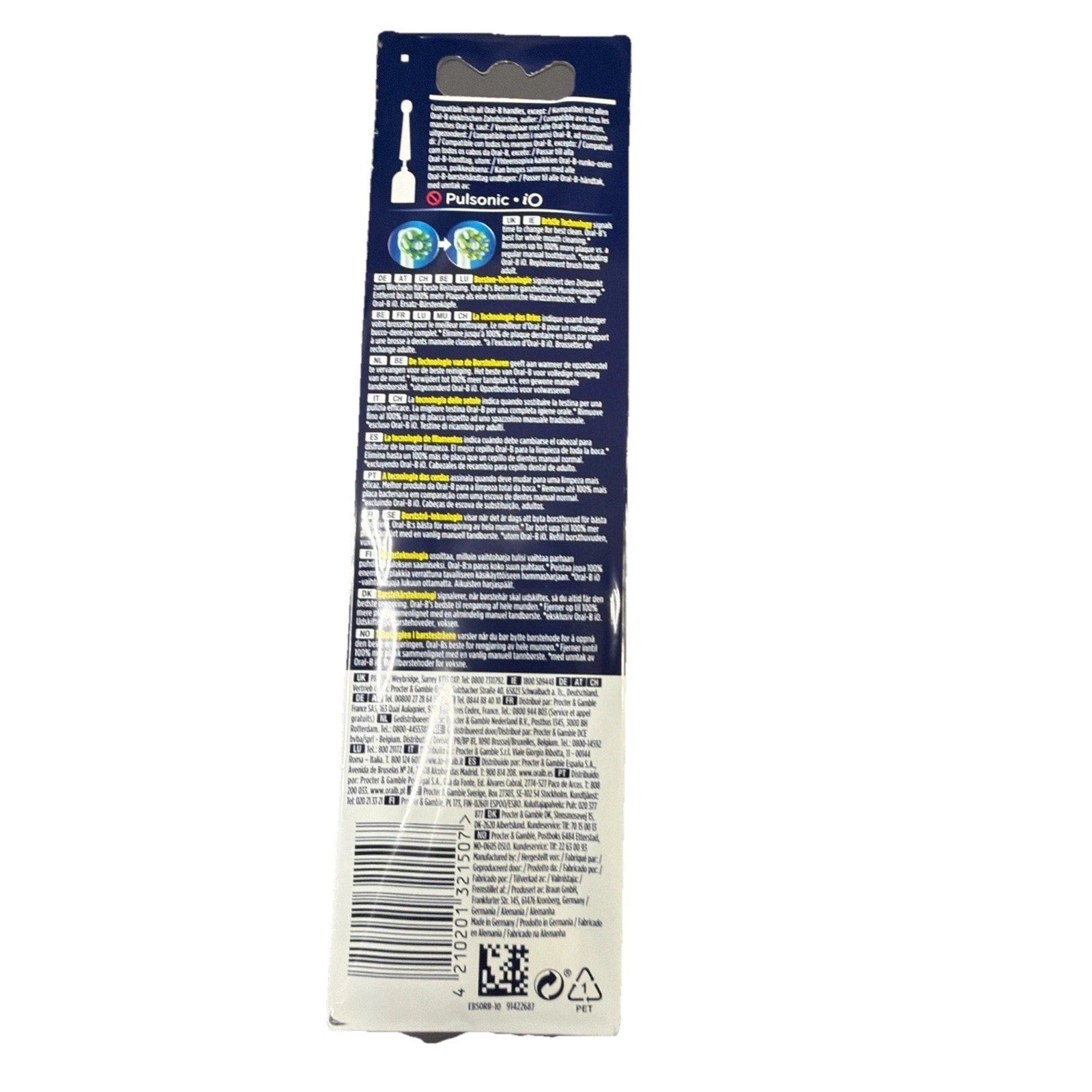 Back side of a product package showing detailed usage instructions, warnings, and barcode on a navy and white background, with small graphic icons near the top.