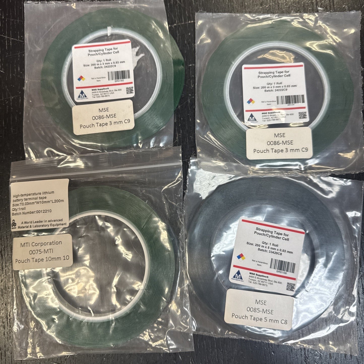 Lot of 4 rolls high temperature lithium battery pouch tape in 3mm, 5mm, and 10mm sealed packaging