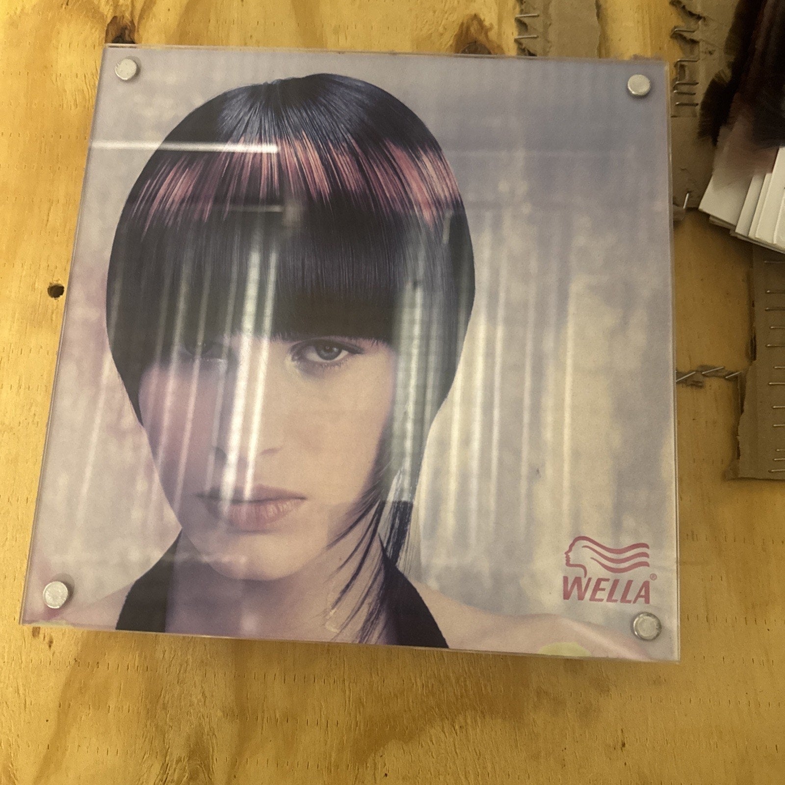 Wella Framed Photo Display featuring stylized portrait of woman with sleek dark hair and Wella logo on bottom right corner