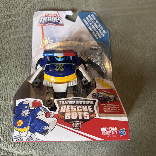 Transformers Rescue Bots Chase The Police-Bot 2 Step Conversion toy in packaging with blue and white police bot figure visible