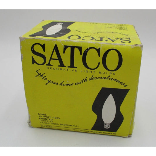 Yellow box of Satco decorative frosted torpedo candelabra base light bulbs 25 watt 120v S3285 vintage packaging