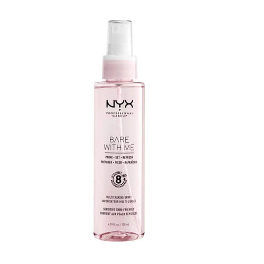 NYX Professional Makeup Bare With Me multitasking setting spray in pink bottle with spray nozzle