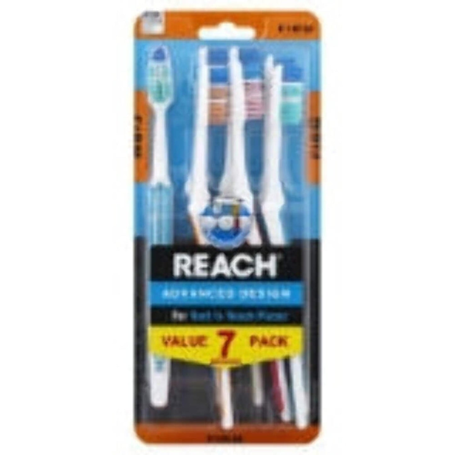 Reach Advanced Design toothbrush pack of seven with angled necks, multi-level bristles, and handle scrapers in assorted colors