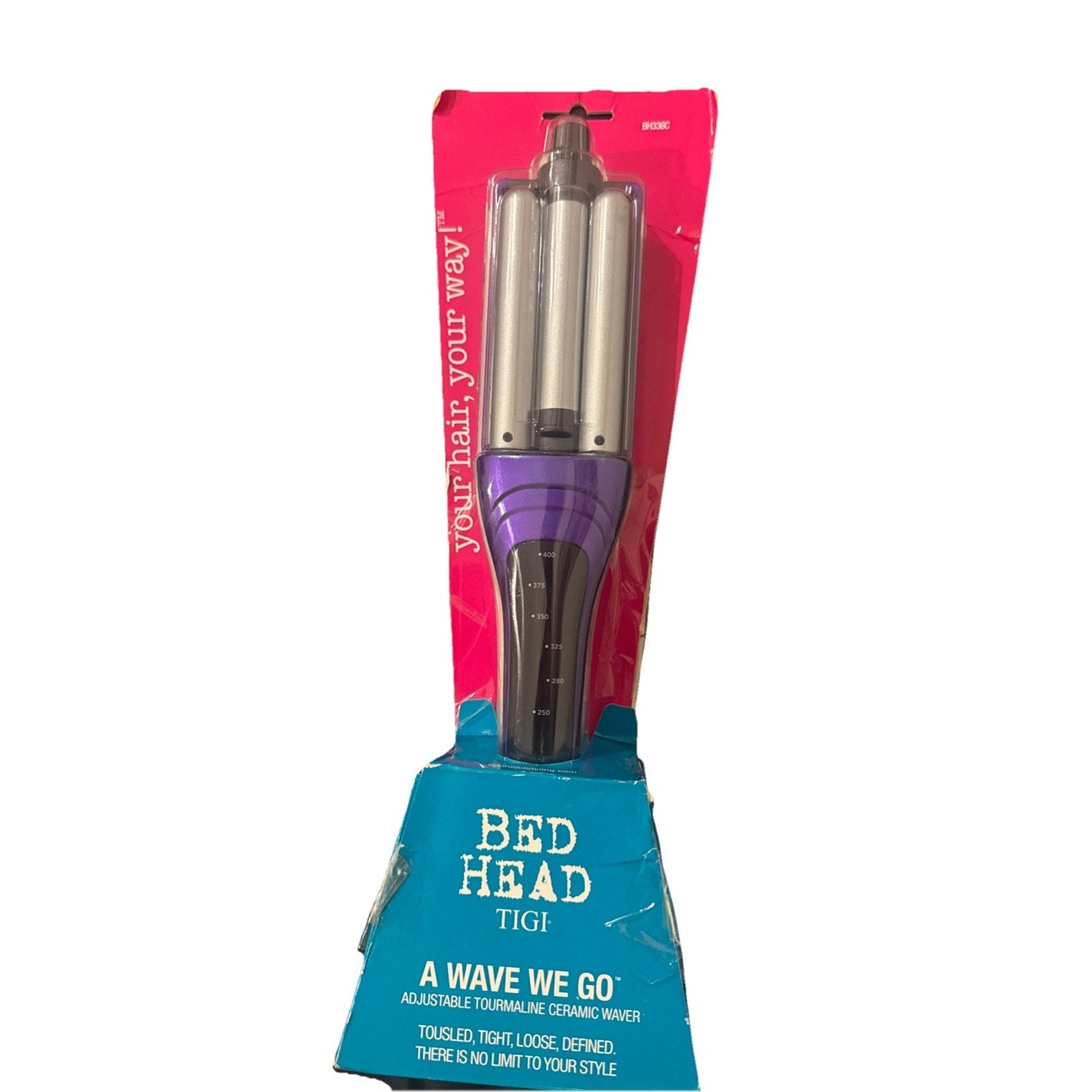 Bed Head A Wave We Go Tourmaline Ceramic Adjustable Hair Waver iron in packaging with purple and black handle