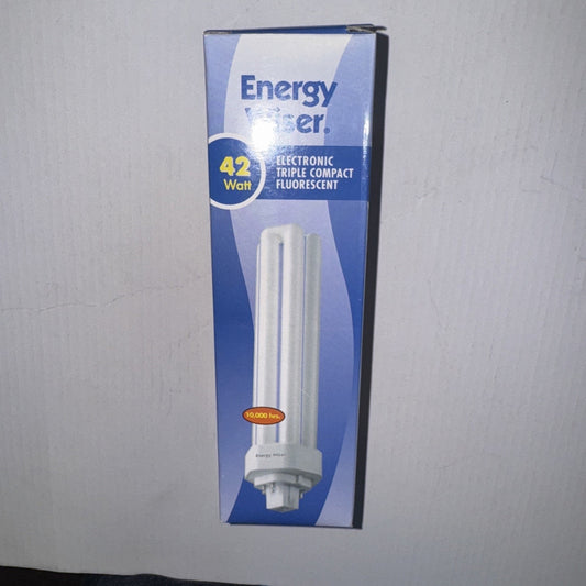 Energy Saver 42 Watt electronic triple compact fluorescent light bulb in blue and white packaging box