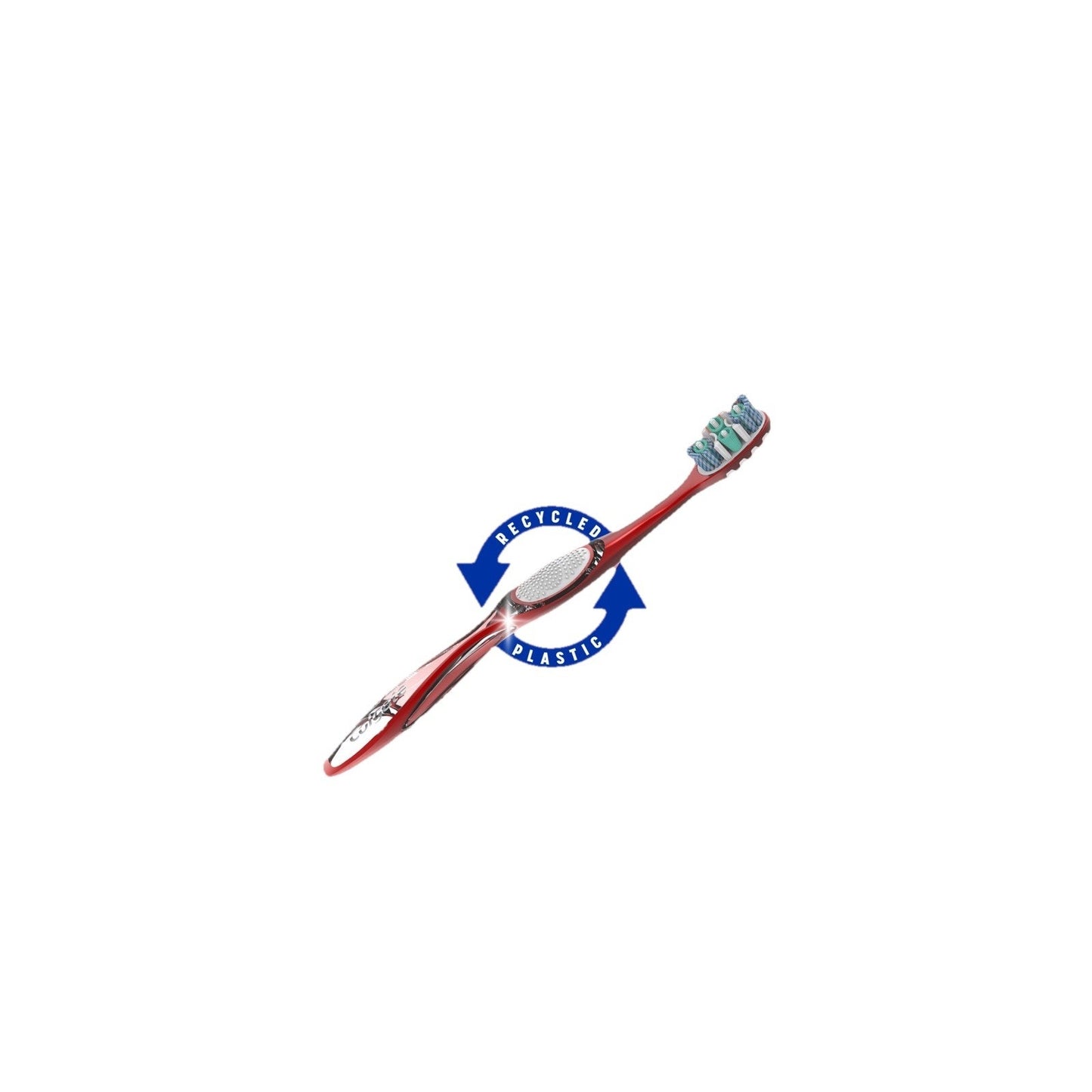 Colgate 360 Optic White Advanced Medium toothbrush with blue and white bristles and recycled plastic logo on handle