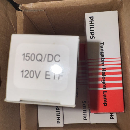 Lot of 8 new Philips 150Q/DC 120V tungsten halogen lamp boxes inside shipping carton showing product labels