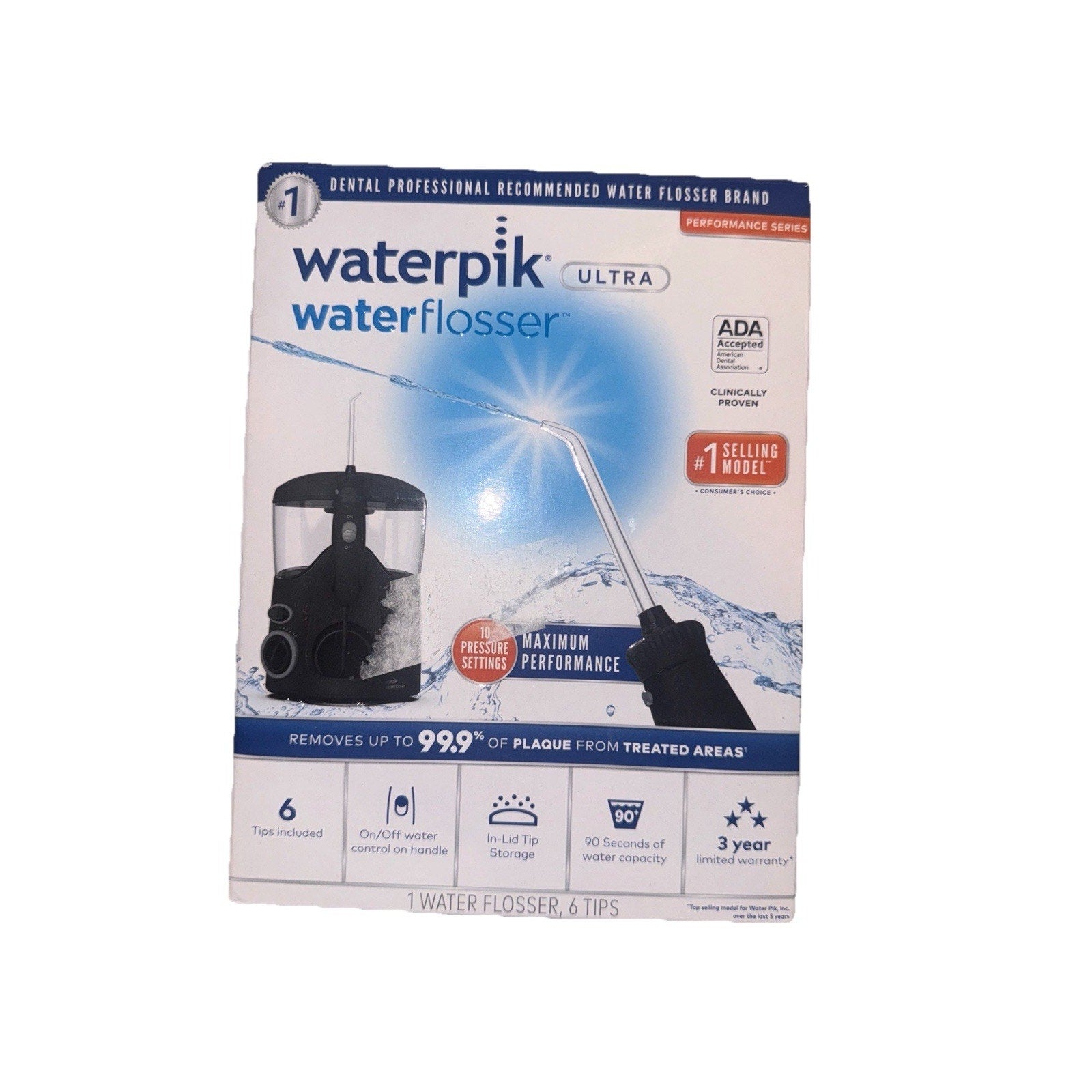 Waterpik Ultra water flosser in black with 10 pressure settings and 6 tips on product box front