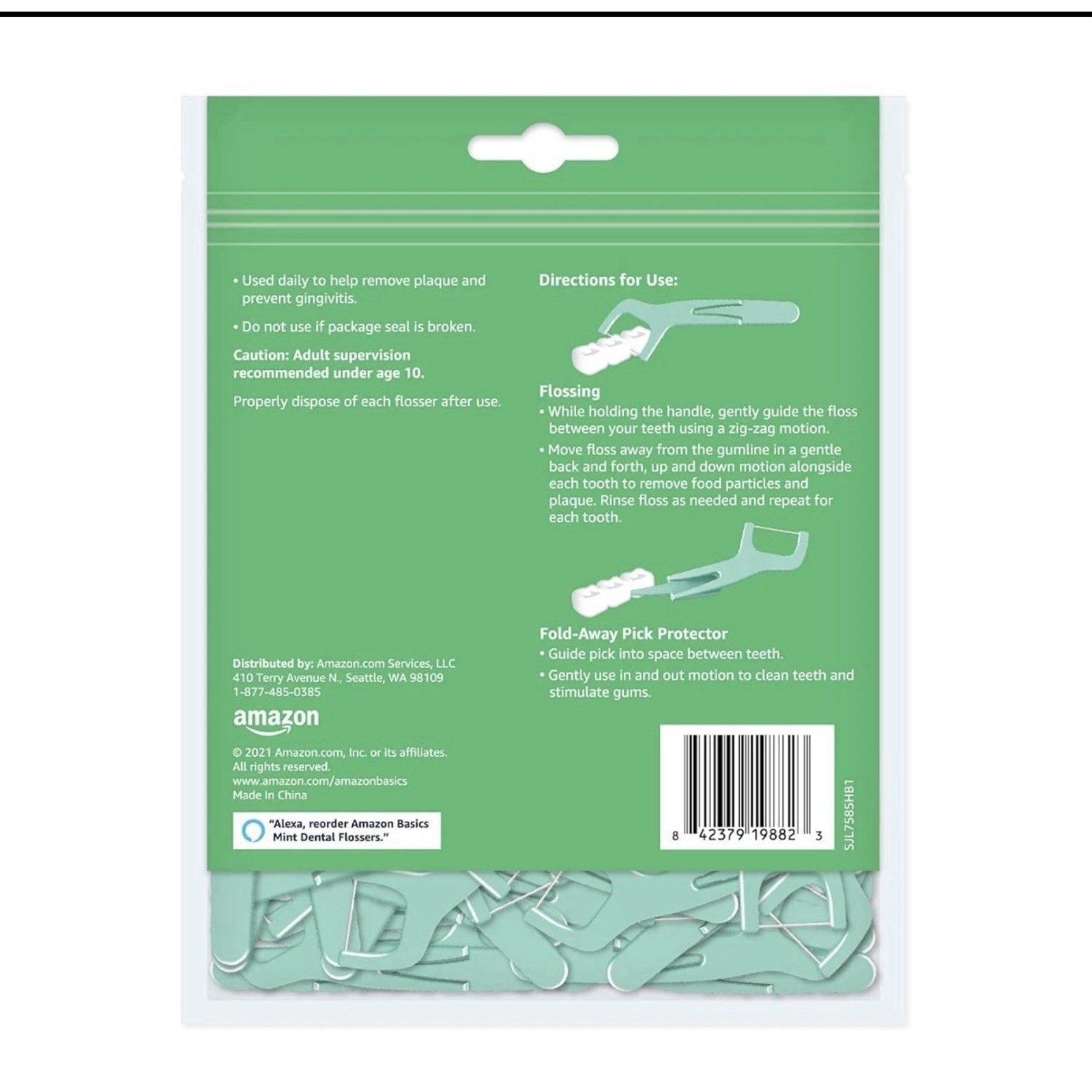 Back of Amazon Basics Mint Dental Flossers 90 count pack showing usage directions and safety cautions