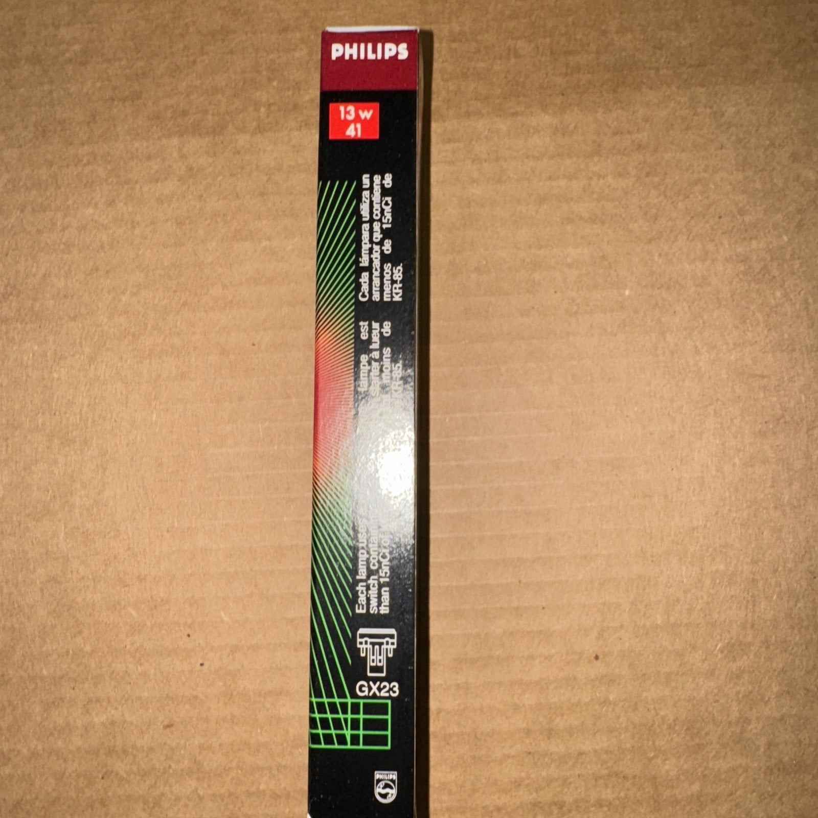 Philips PL-S 13W twin fluorescent tube bulb packaging with 2 pin GX23 base and warm white light label