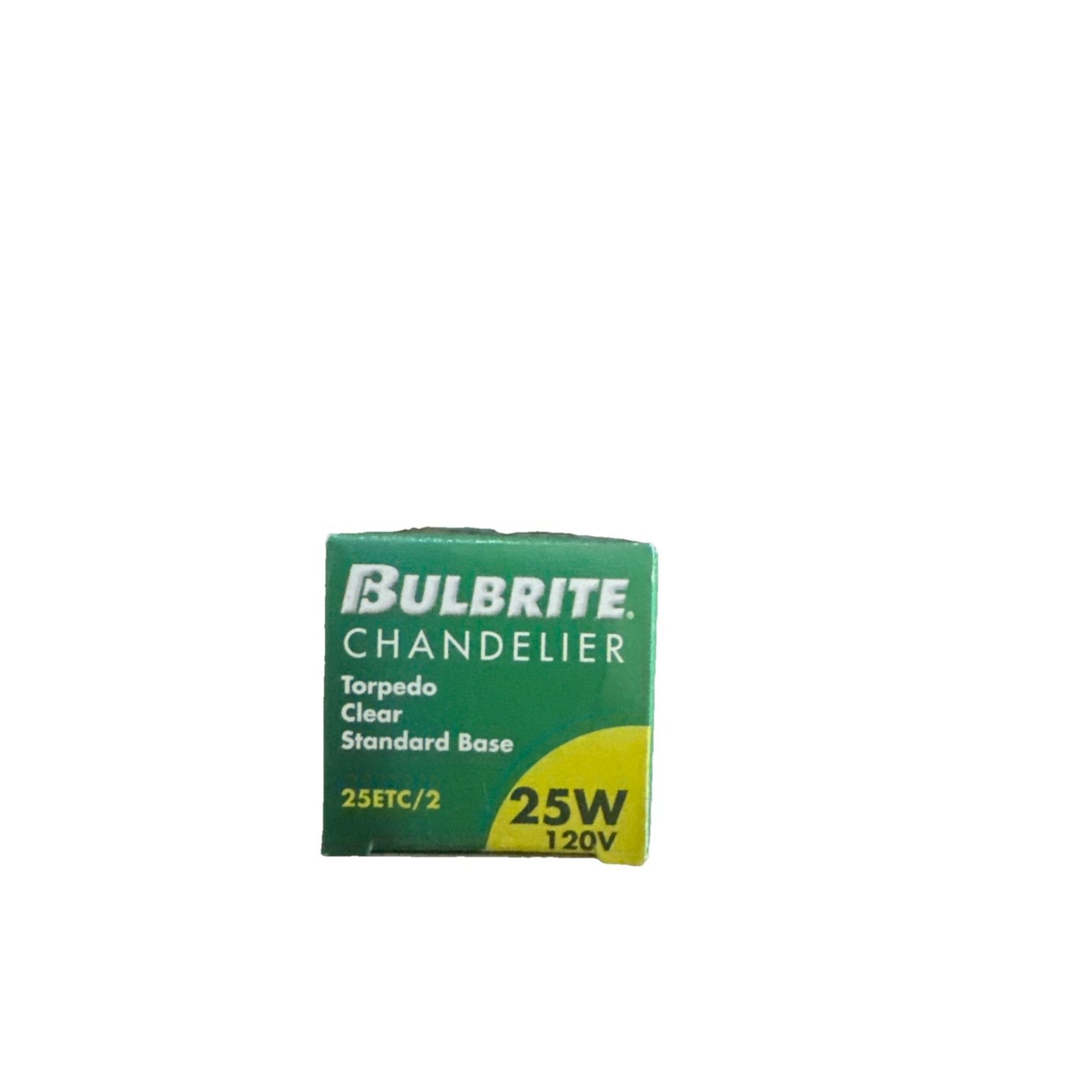 Green and yellow Bulbrite Chandelier 25W 120V clear torpedo light bulb box with standard base text on front