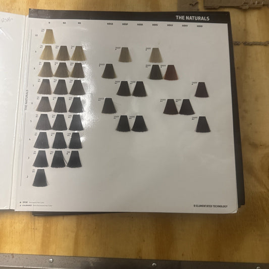 Open page of Goldwell Color Catalog showing natural hair color swatches in shades from blonde to dark brown and black