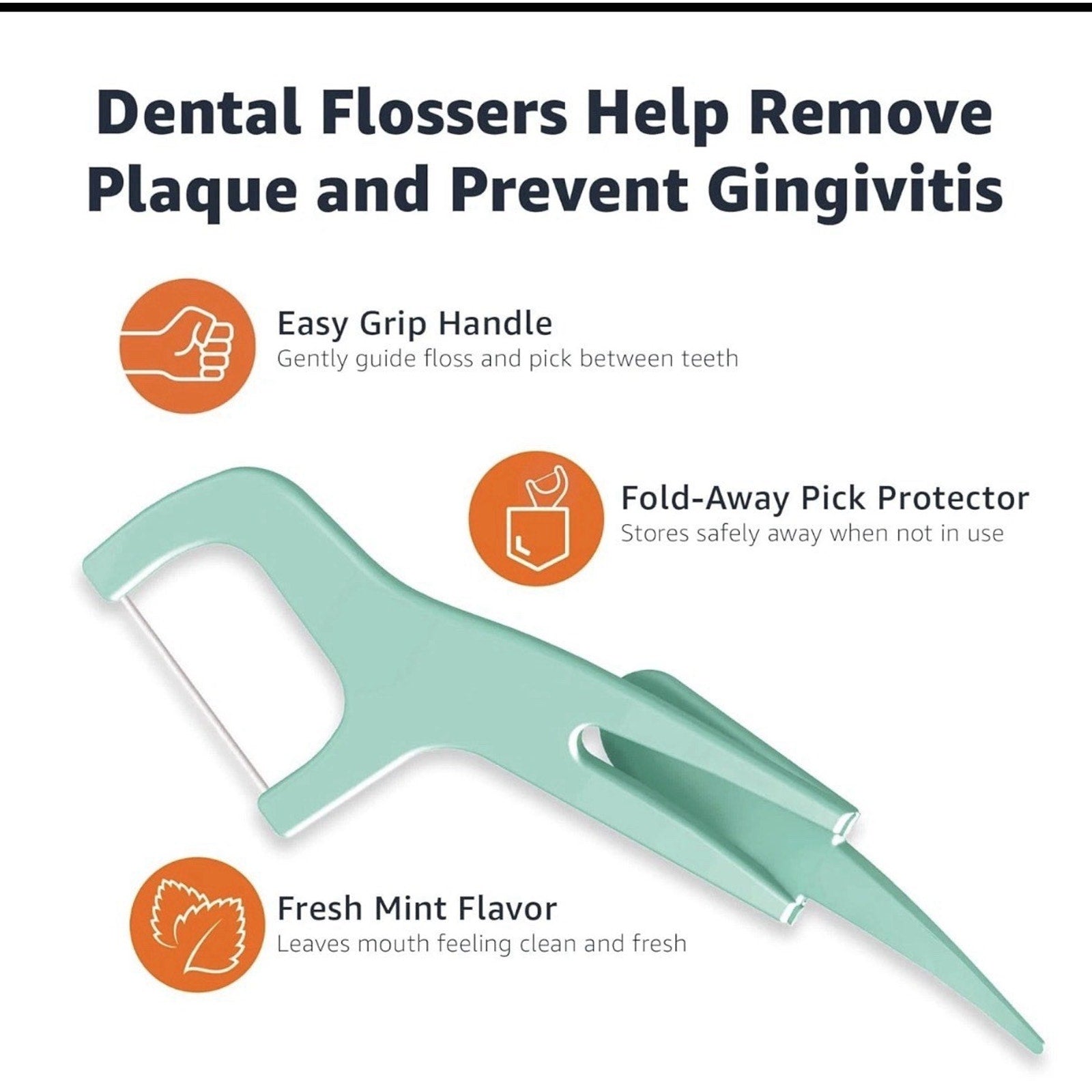 Amazon Basics mint dental flosser with easy grip handle, fold-away pick, and fresh mint flavor benefits shown