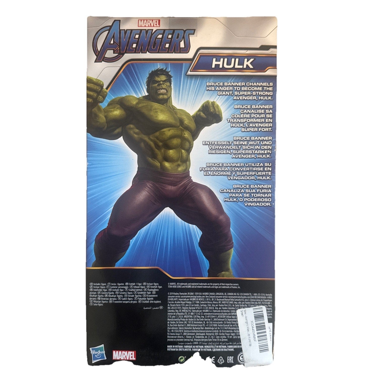 Avengers Titan Hero Series The Hulk action figure packaging with character bio and Marvel branding on back of box