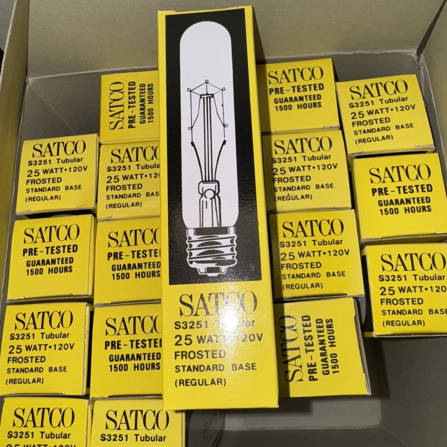 Lot of 20 SATCO S3251 tubular 25 watt 120V frosted standard base light bulbs in yellow labeled packaging