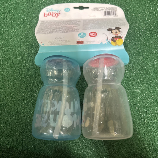 Disney baby 2 pack sippy cups in blue and clear with straw lids and Mickey Mouse design for boys 9 oz each