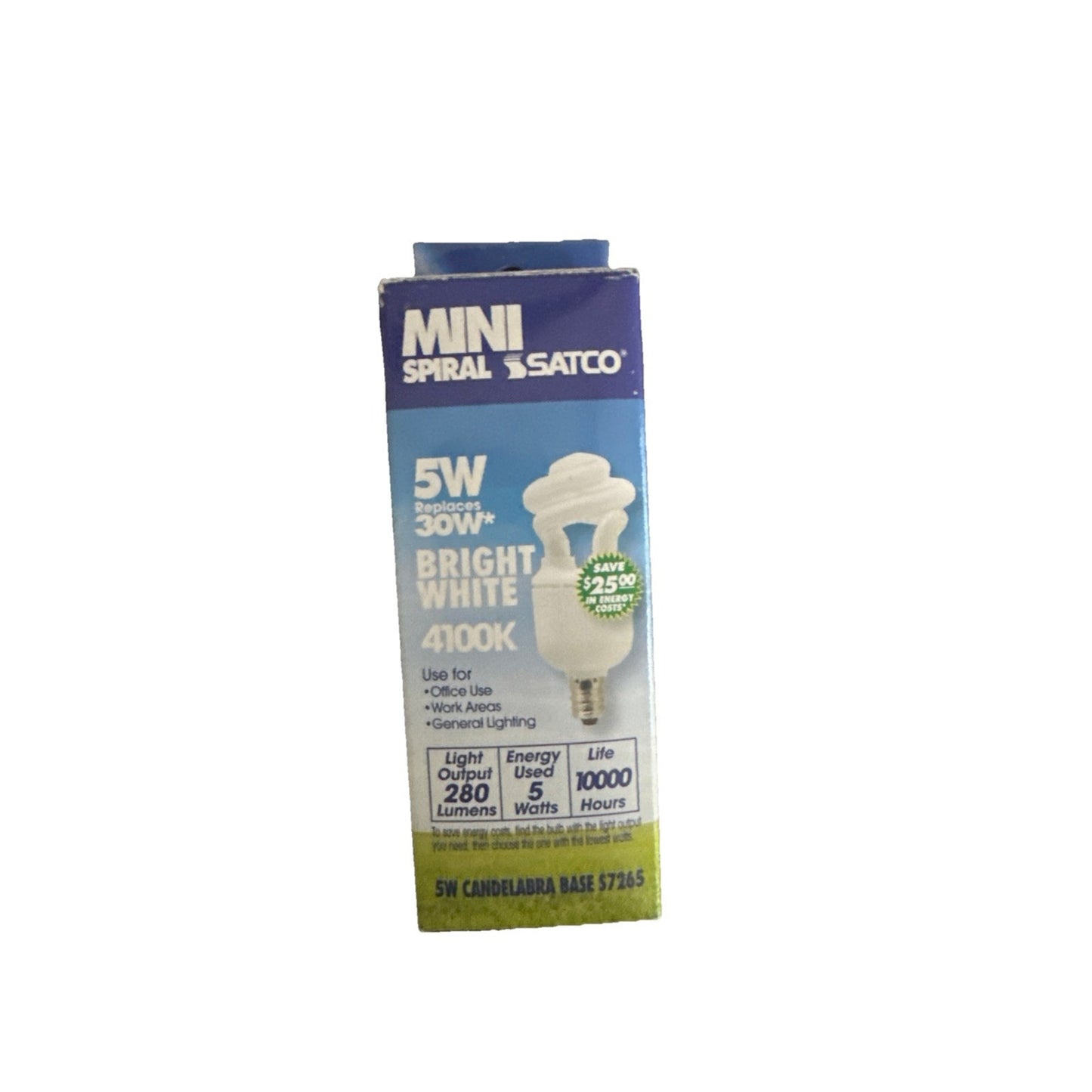 Satco 5W mini spiral fluorescent bulb with E12 candelabra base 4100K bright white light packaging box