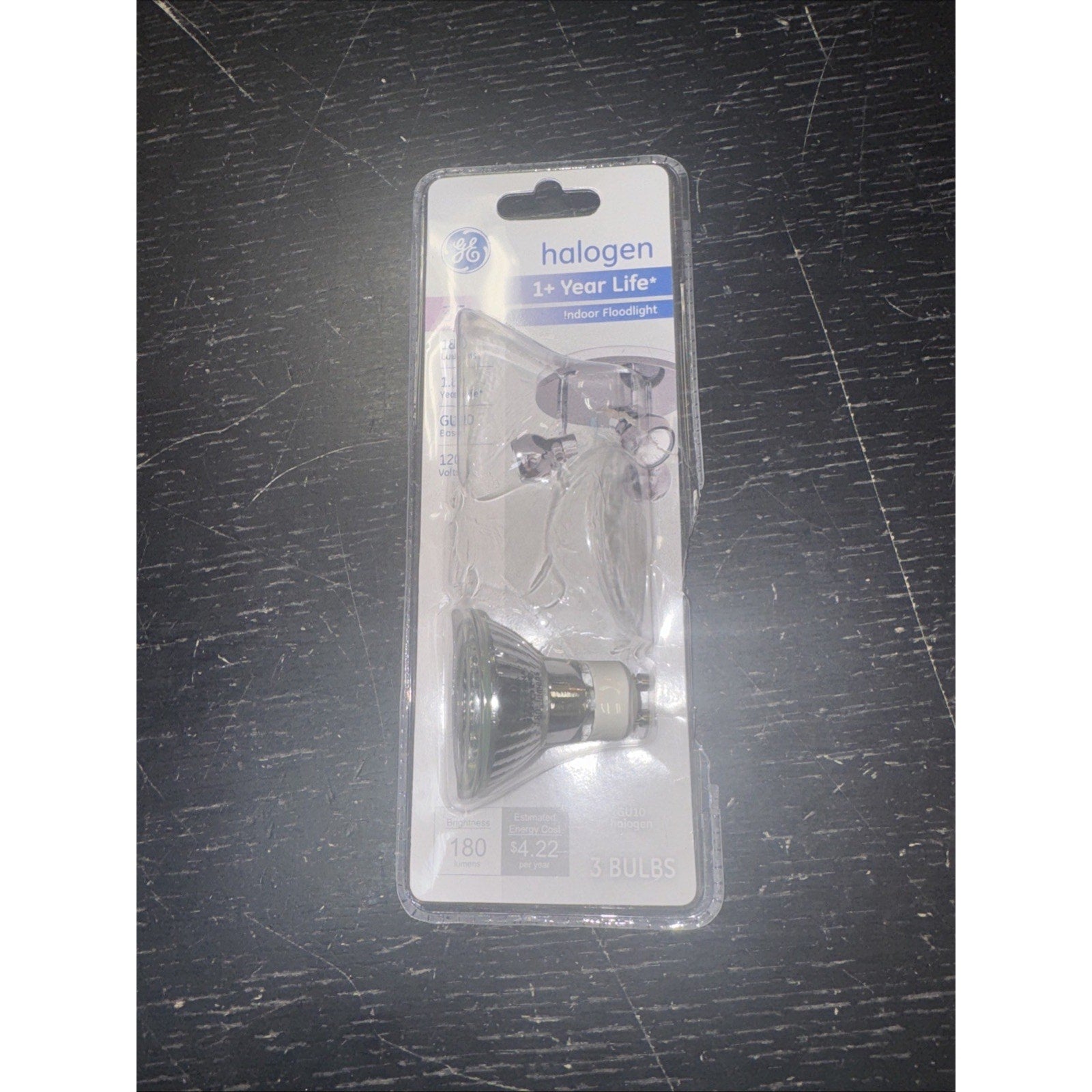 GE 61142 GU10 35W indoor halogen floodlight bulb in clear glass packaging with 1+ year life indication