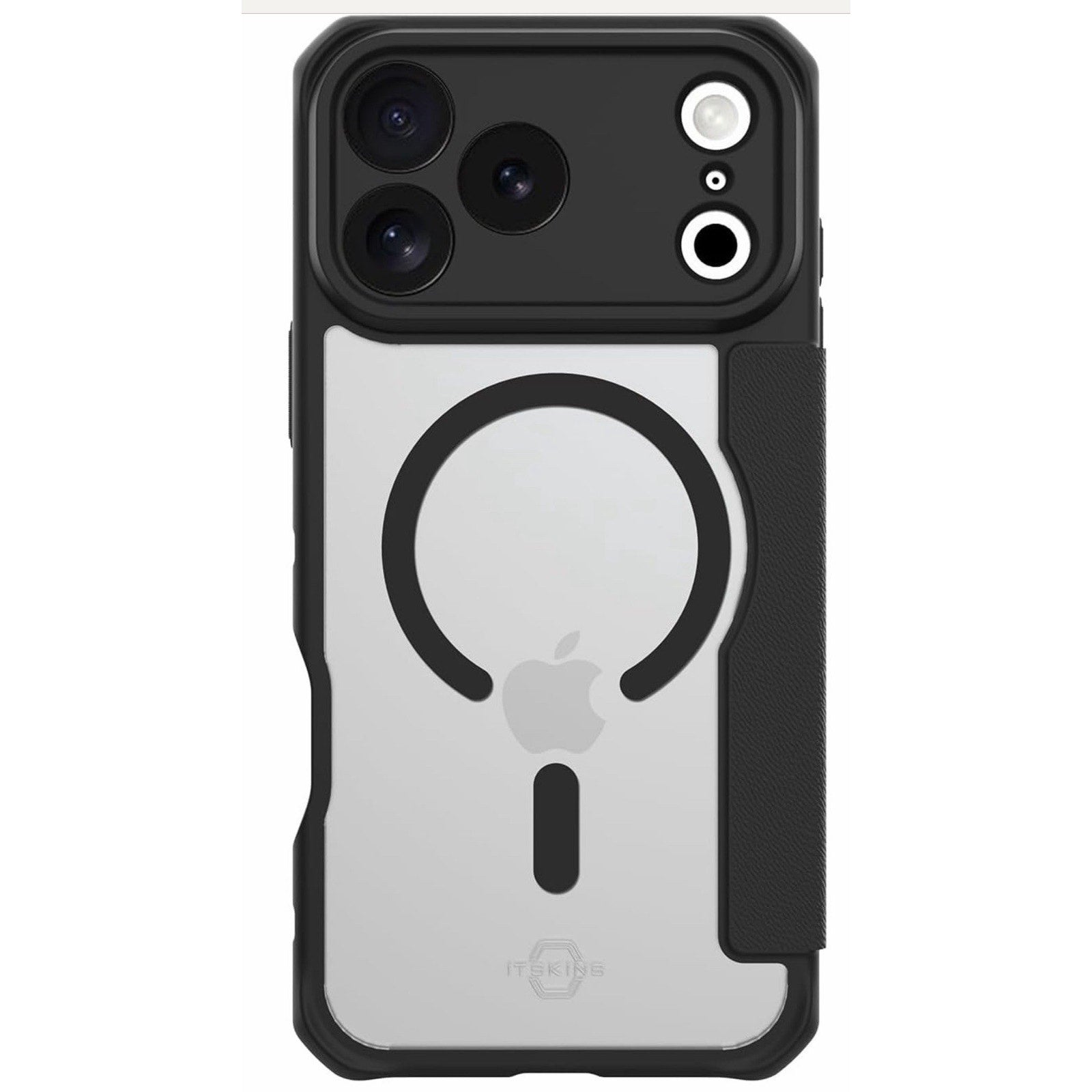 ITSKINS Hybrid R Folio protective phone case for iPhone 17 Pro with clear back and black folio cover edge