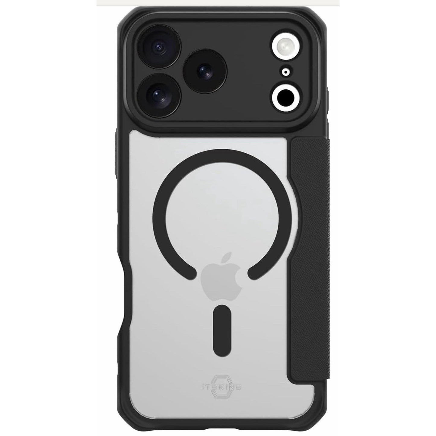 ITSKINS Hybrid R Folio protective phone case for iPhone 17 Pro with clear back and black folio cover edge