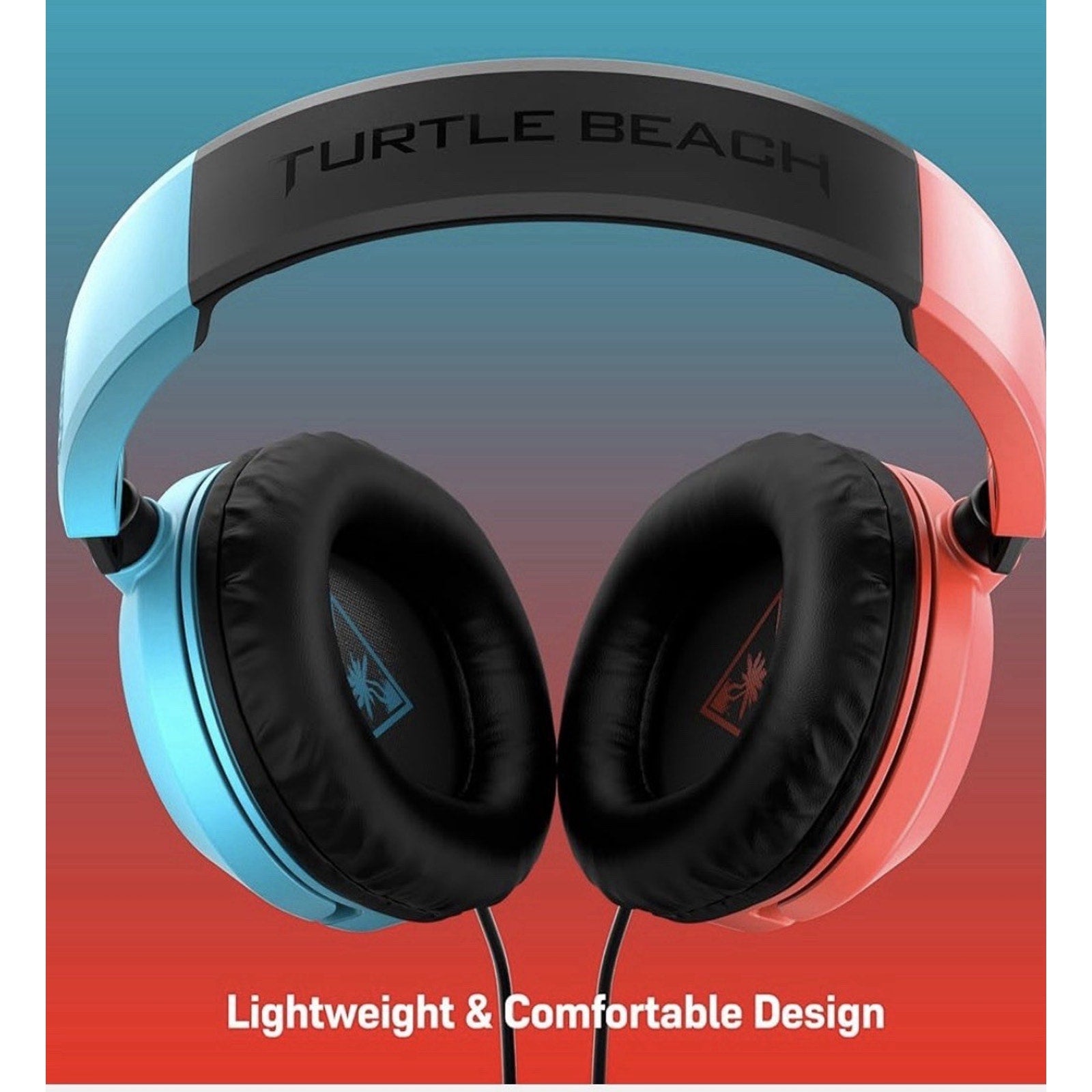 Over-ear gaming headphones with a padded black headband featuring the brand name, left ear cup in blue, right ear cup in red, and cushioned ear pads on a gradient background.