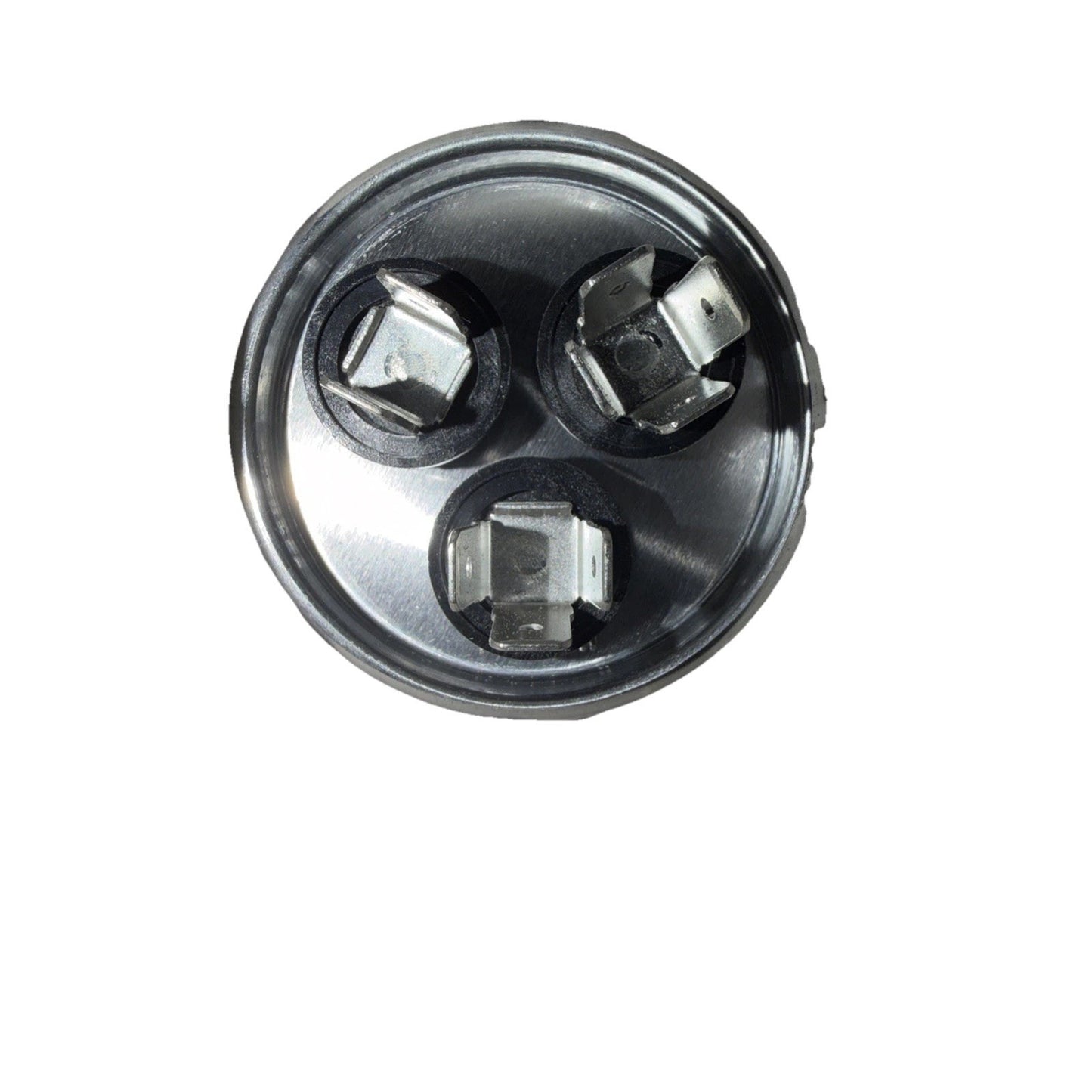 Round metal component featuring three protruding electrical terminals arranged in a triangular pattern on a smooth silver surface against a white background.
