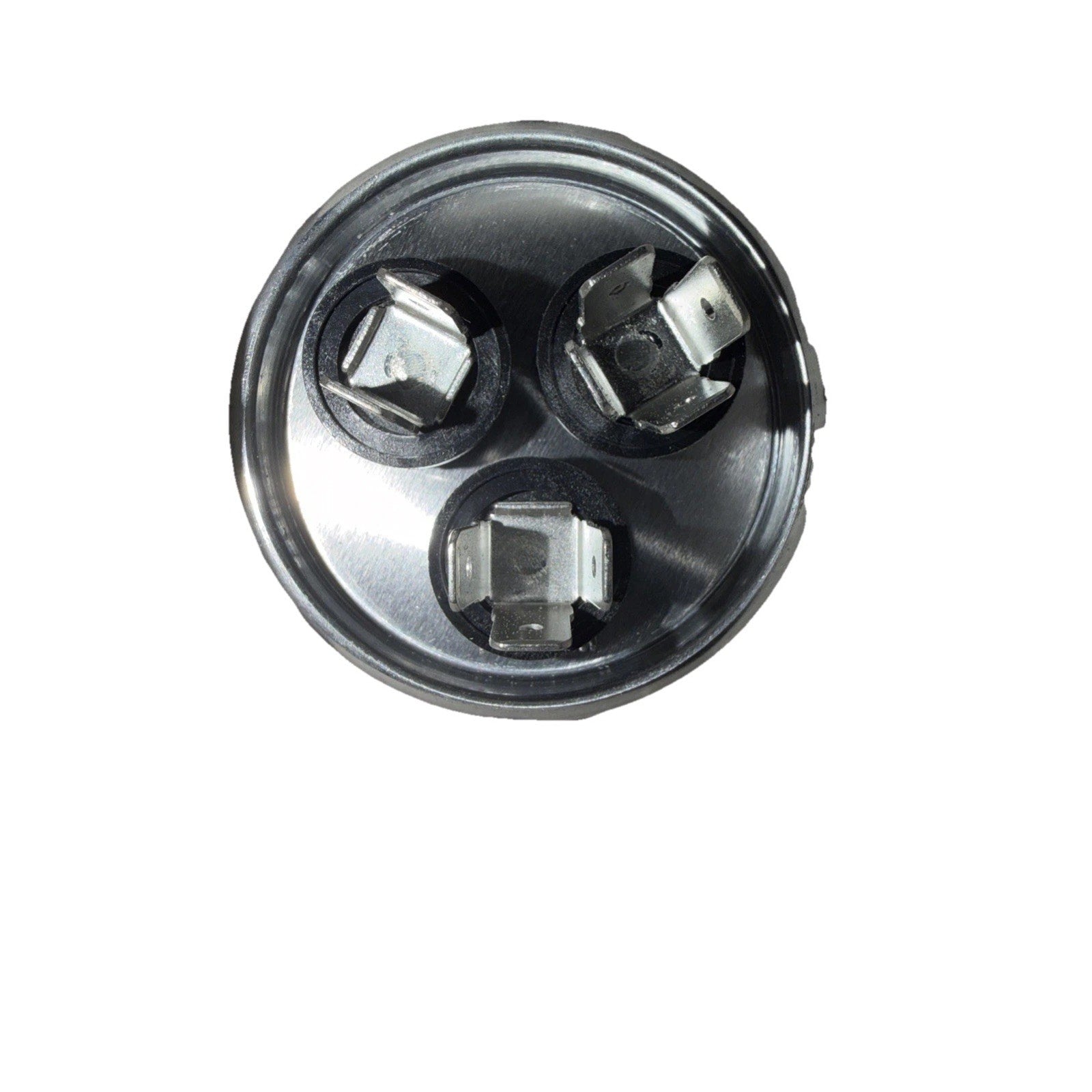 Round metal component featuring three protruding electrical terminals arranged in a triangular pattern on a smooth silver surface against a white background.