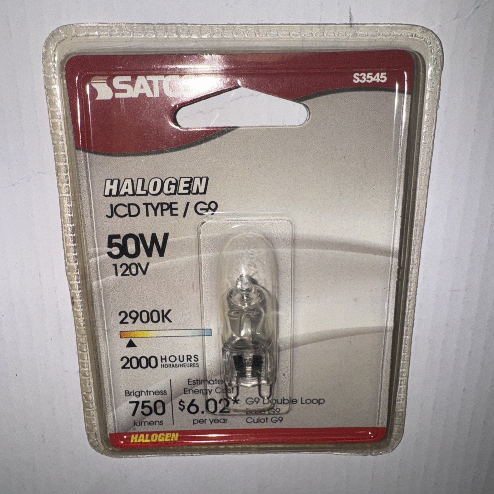 Satco S3545 halogen 50-watt 120V T4 clear light bulb with G9 double loop base in retail blister pack