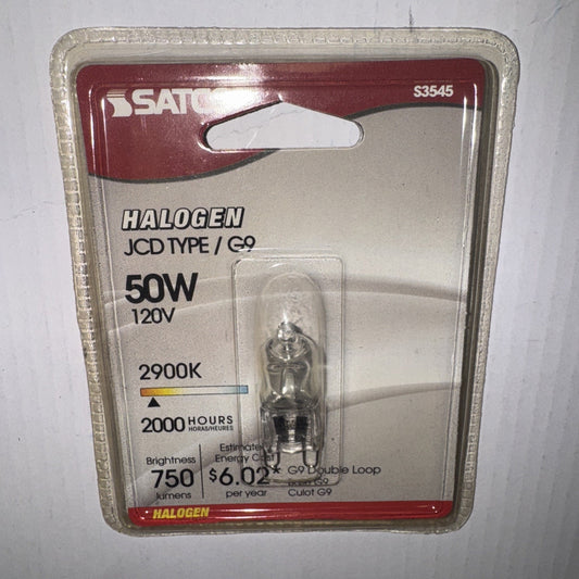 Satco S3545 halogen 50-watt 120V T4 clear light bulb with G9 double loop base in retail blister pack