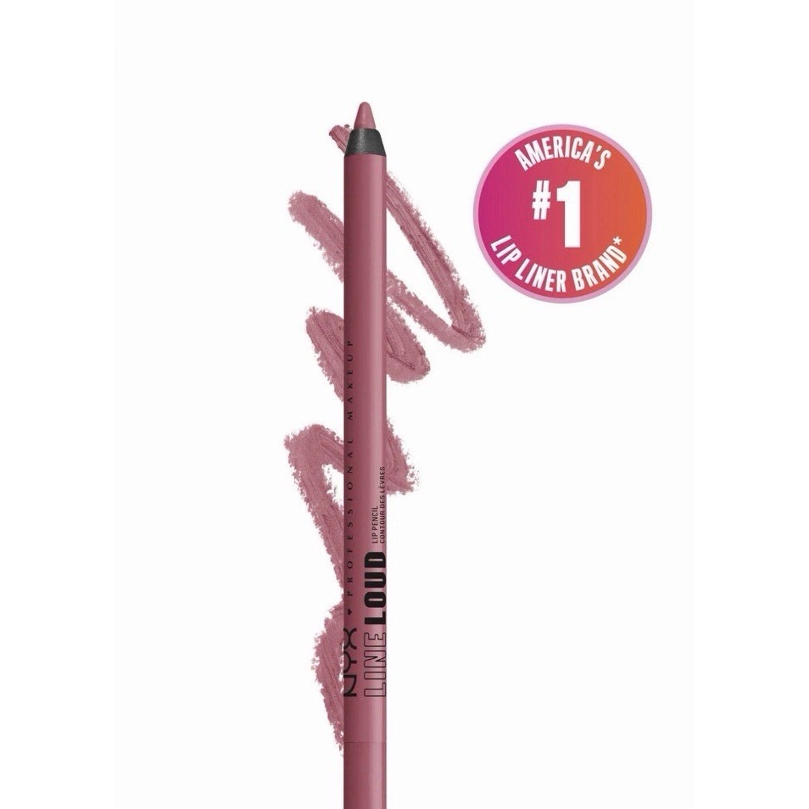 Mauve lip liner pencil with a creamy texture swatched behind it in a zigzag pattern, alongside a circular badge proclaiming it as America’s number one lip liner brand.