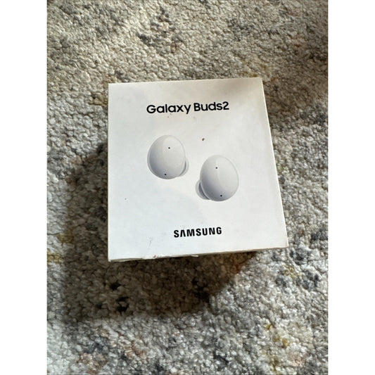 Samsung Galaxy Buds2 white wireless earbuds box showing front image of earbuds on textured carpet background