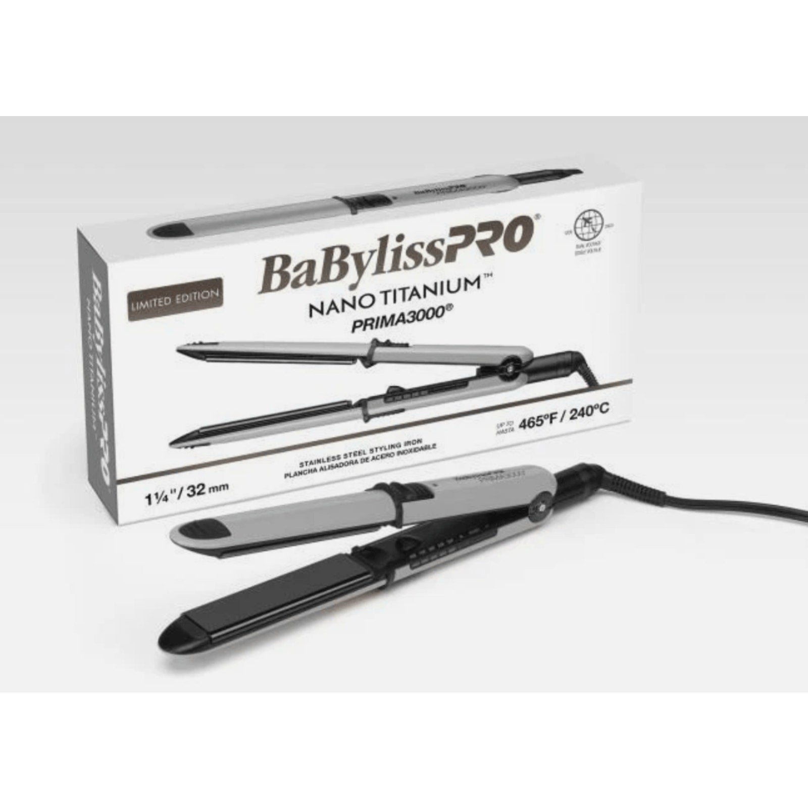 BaBylissPRO Nano Titanium Prima3000 1-1/4 inch flat iron in grey with stainless steel plates and temperature settings shown with packaging box