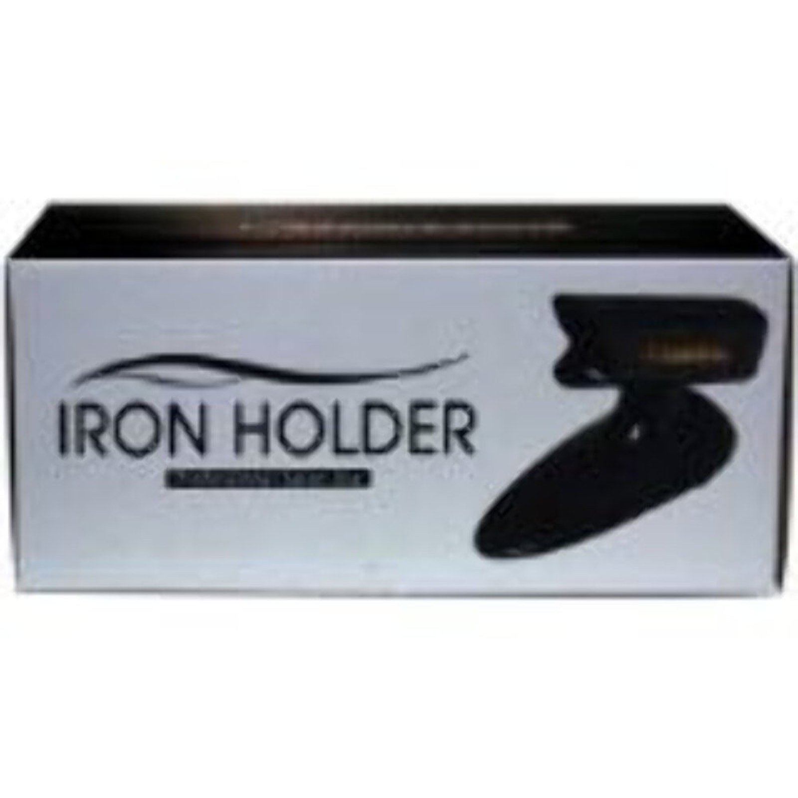 Rectangular white box featuring a black iron holder designed to safely rest a hot iron, displayed with simple branding text and a silhouette image of the product on the front.
